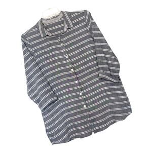 Linen Button Top Gray Stripe 3/4 Sleeve HABITAT L Coastal Grandmother Lagenlook